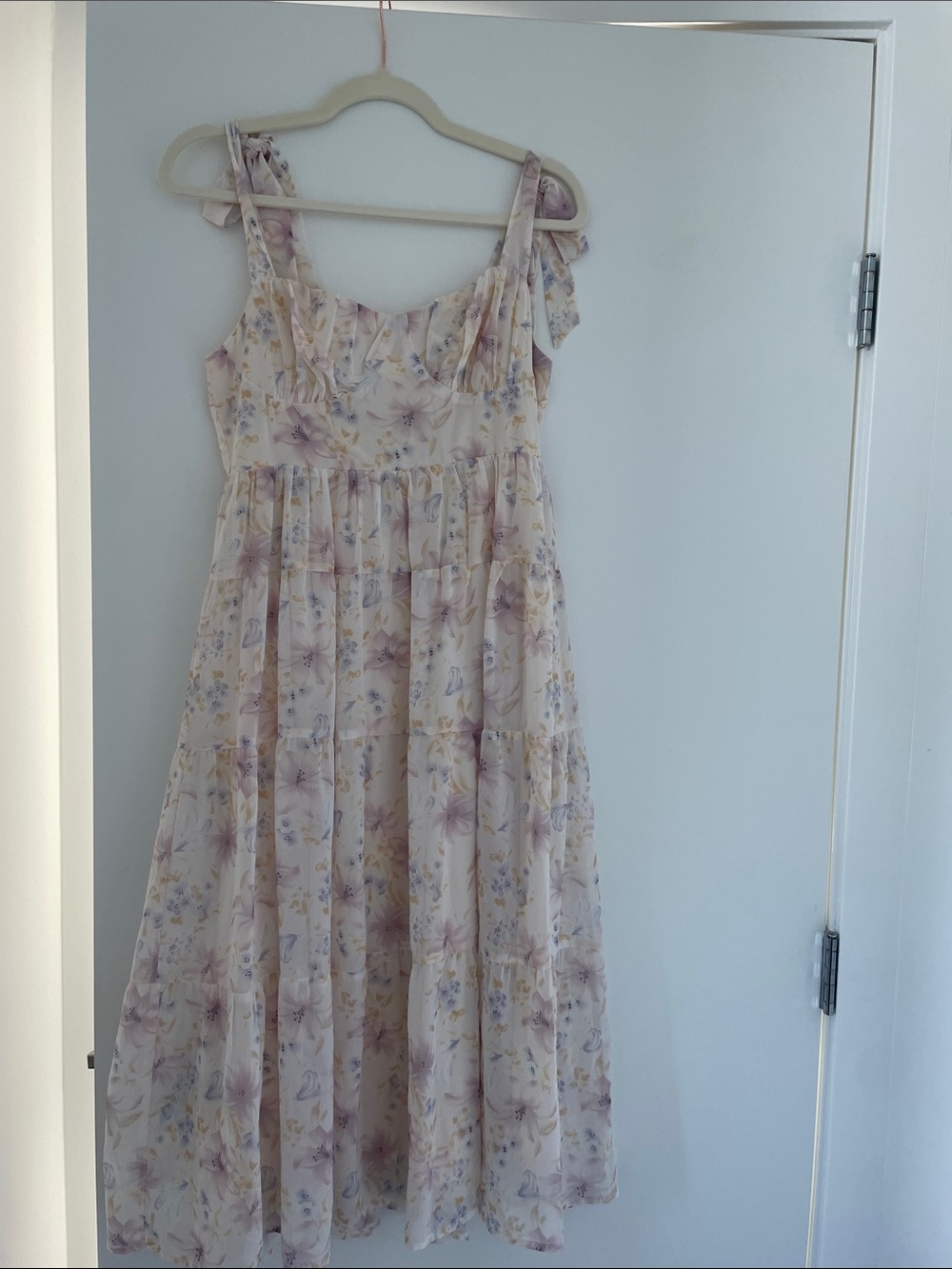 Cream Floral Tie-Shoulder Dress with Lavender Accents